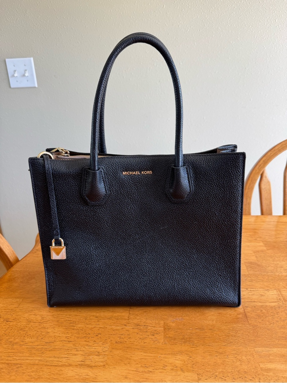 Michael Kors Black Large Mercer Tote and Strap Pebbled Leather Gold Hardware